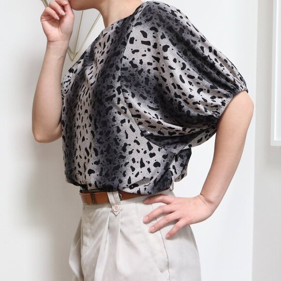 Y2K Animal Print & Striped Top/Dress w/ Batwing Sleeves, Black Grey Sequined Top - Picture 3 of 6